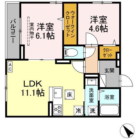 ディー パイナ 鴨居2(2LDK/1階)の間取り写真
