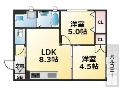 ヤーナパレス ノース(2LDK/1階)の間取り写真