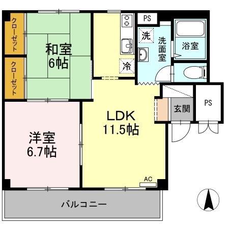 グランデュール高柳 A棟(2LDK/1階)の間取り写真
