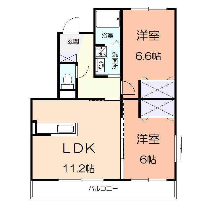 ヴェルデ・シティオ明豊(2LDK/2階)の間取り写真