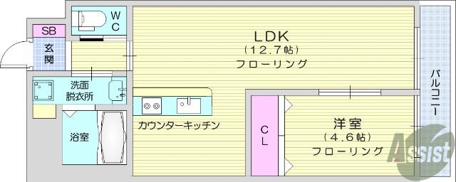DUO美田園(1LDK/4階)の間取り写真