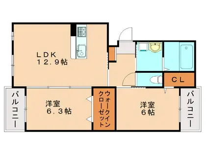 グランドハイム福津(2LDK/2階)の間取り写真