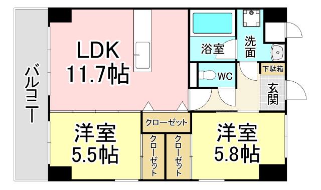 プランドール一枝(2LDK/4階)の間取り写真