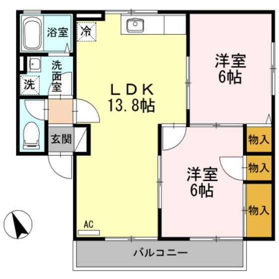 セジュールSHIGENO B棟(2LDK/2階)の間取り写真