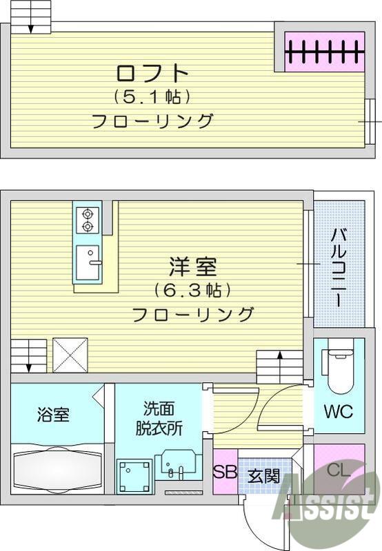 ユナプレイス弓ノ町(1K/1階)の間取り写真