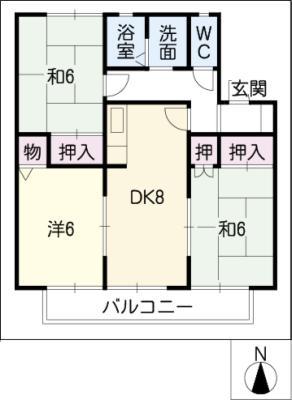 ハイアイランドD棟(3DK/2階)の間取り写真
