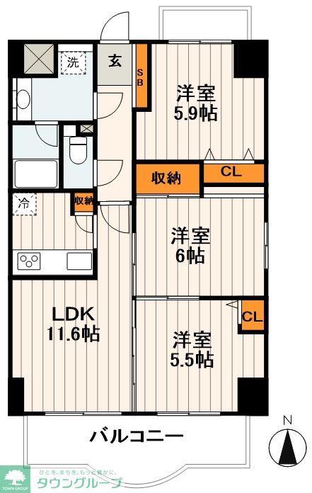 ノーブルサンパティオ荒川(3LDK/11階)の間取り写真