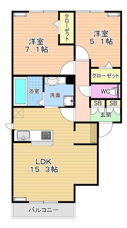 VILLA TAKK 上到津(2LDK/2階)の間取り写真
