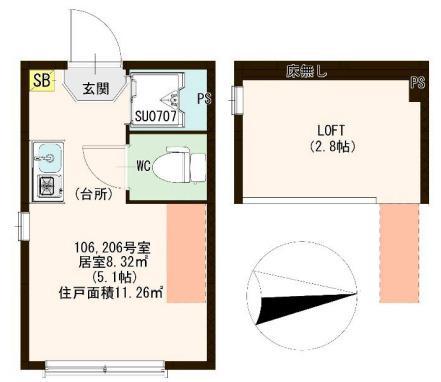ハーモニーテラス成田東II(ワンルーム/2階)の間取り写真