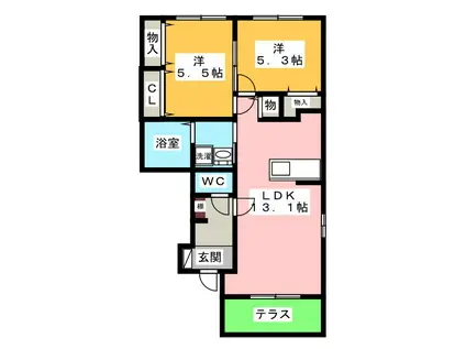リュ クレール A棟(2LDK/1階)の間取り写真