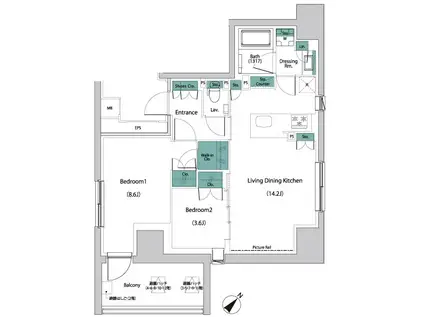 ザ・パークハビオ人形町レジデンス(2LDK/7階)の間取り写真