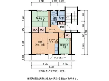 UR泉北茶山台二丁団地8棟(3K/5階)の間取り写真
