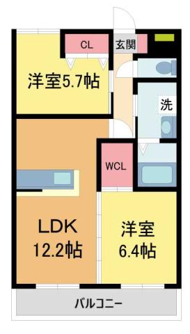 ベレオ宝塚 B棟(2LDK/2階)の間取り写真