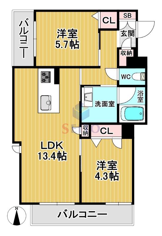 シャーメゾン ユウム(2LDK/3階)の間取り写真