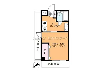 ウッドヴィレッジ旗の台(1K/3階)の間取り写真