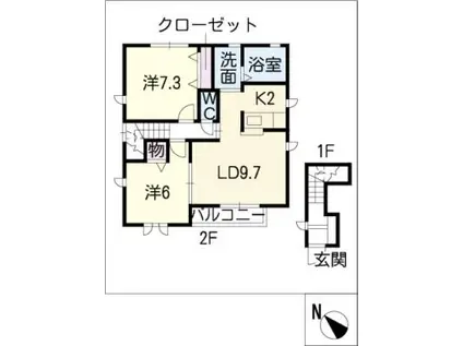 グリーンコート表山B棟(2LDK/2階)の間取り写真