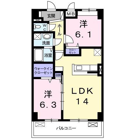 ディアコート新長田(2LDK/2階)の間取り写真