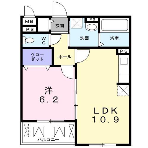 ヴィリダーリウム 上山手(1LDK/2階)の間取り写真