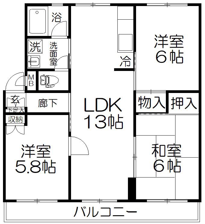 第2西形マンション(3LDK/2階)の間取り写真