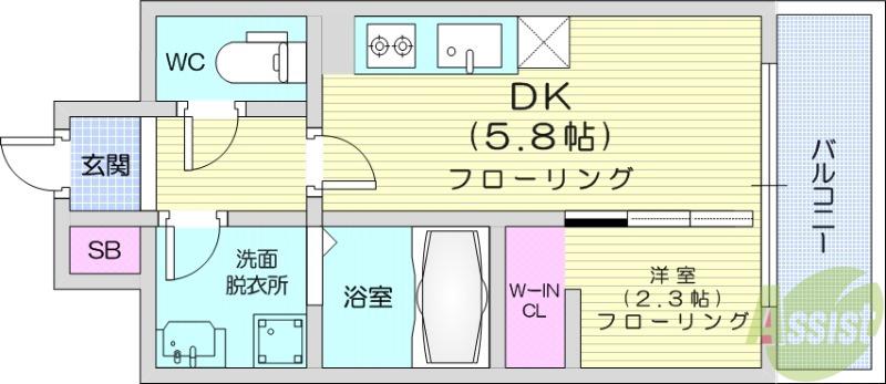 デュオフラッツ仙台木町通エアリ(1DK/8階)の間取り写真