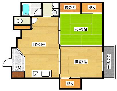 ユニテタワラ(2DK/2階)の間取り写真