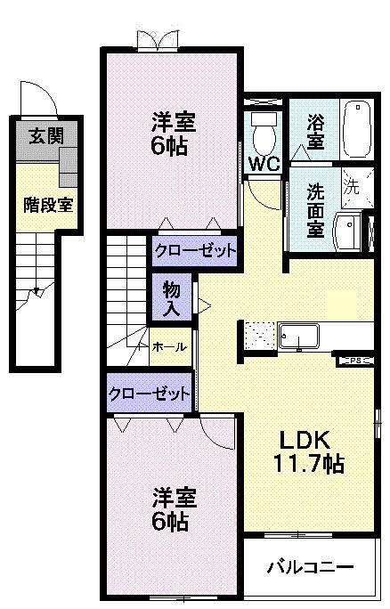 カルチェ・ド・モエI(2LDK/2階)の間取り写真