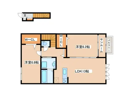 カーサ・デル・ソーレ八幡(2SLDK/2階)の間取り写真