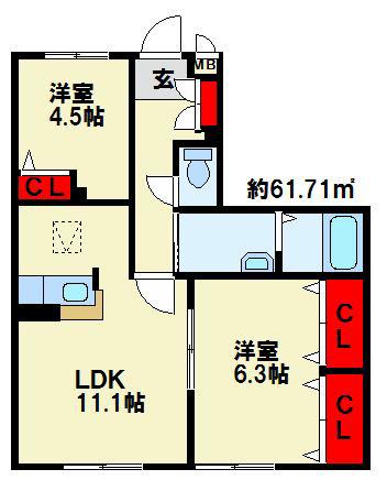 シャーメゾンJ・KA棟(2LDK/2階)の間取り写真