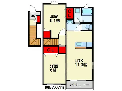ハイドランジアI(2LDK/2階)の間取り写真
