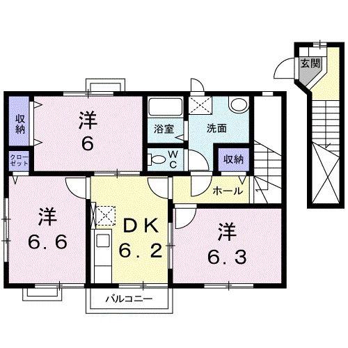 タウンホーム A棟(3DK/2階)の間取り写真