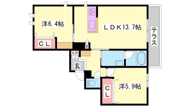 シャーメゾン稲美II(2LDK/1階)の間取り写真