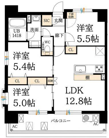 スプランディッド玉造DUE(3LDK/5階)の間取り写真