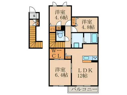 タウンハウス パルムコート B棟(3LDK/2階)の間取り写真