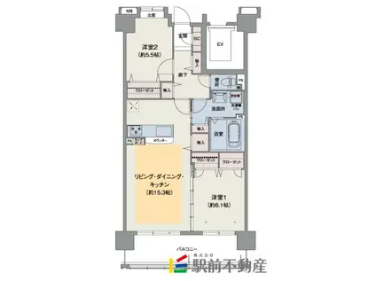 ウェスタ久留米けやき通 壱番館(2LDK/8階)の間取り写真