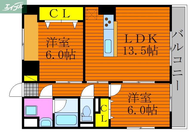 グランスクエア岡山駅西(2LDK/7階)の間取り写真