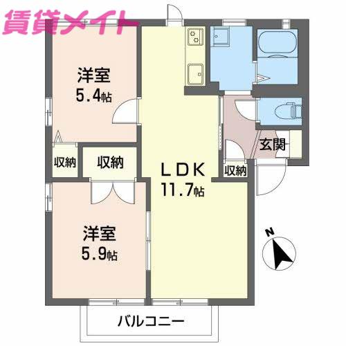 ラ・プランタン B棟(2LDK/2階)の間取り写真