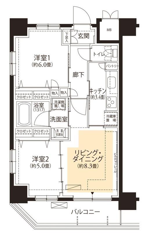フロール横浜三ツ沢(2LDK/1階)の間取り写真