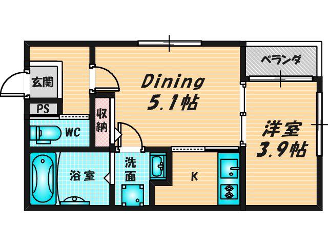 ハーモニーテラス小路東IV(1DK/3階)の間取り写真