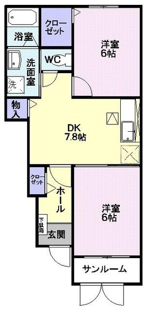 ウィスティリアパディ弐番館(2DK/1階)の間取り写真