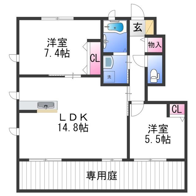 ヴェルドミール西浜(2LDK/1階)の間取り写真