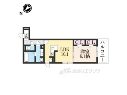 太秦レジデンスE棟(1LDK/1階)の間取り写真