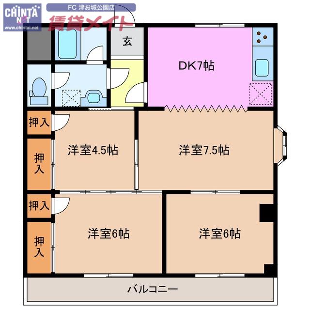 ガーデンヒルズ1号館(4DK/2階)の間取り写真