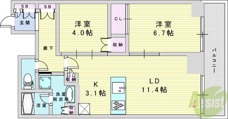 ジオタワー大阪十三(2LDK/22階)の間取り写真