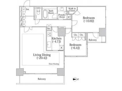 河田町ガーデン クラブフロア(2LDK/37階)の間取り写真