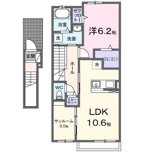 フィデール行橋A(1LDK/2階)の間取り写真
