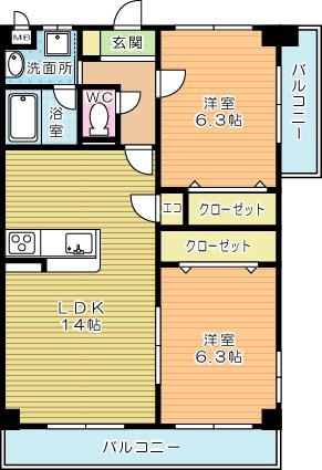 ニューガイア上石田(2LDK/2階)の間取り写真