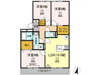 ハイカムールウエストリバーA棟(3LDK/3階)の間取り写真