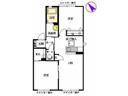 クラニアB棟(2LDK/1階)の間取り写真