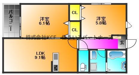 LEAF津福駅南(2LDK/3階)の間取り写真
