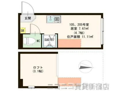 ハーモニーテラス新小岩(ワンルーム/2階)の間取り写真